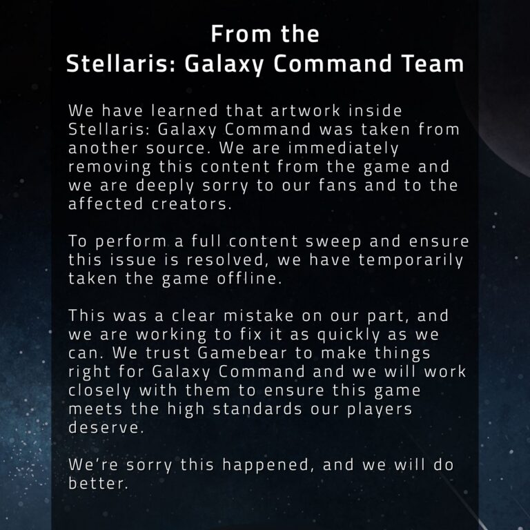 Offizielle Stellungnahme des Teams von Stellaris: Galaxy Command vom 15. Oktober 2019 - Bild: Paradox Interactive / Stellaris: Galaxy Command