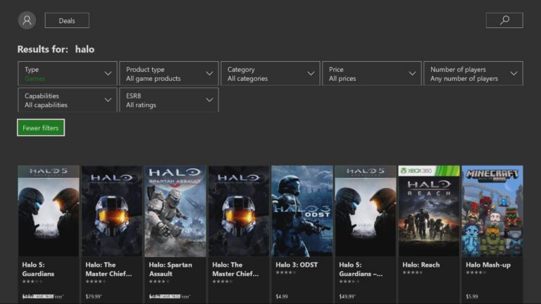 Original-Screenshot des Xbox Store von Dezember 2017 mit Halo-Suchergebnissen und Filterfeldern in englischer Sprache - Bild: Microsoft / Larry Hryb