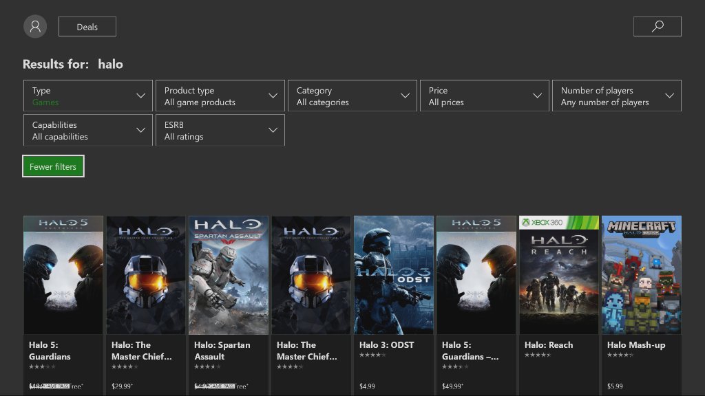 Original-Screenshot des Xbox Store von Dezember 2017 mit Halo-Suchergebnissen und Filterfeldern in englischer Sprache - Bild: Microsoft / Larry Hryb