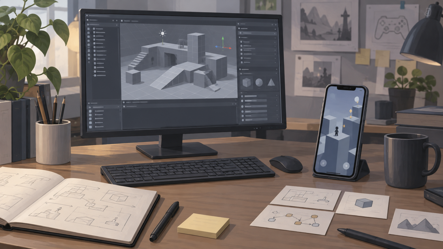 KI-generierte Illustration eines Arbeitsplatzes für Spieleentwicklung, keine Aufnahme von Stratosphere Games oder seinen Beschäftigten - Bild: XboxDev (KI-generiert)