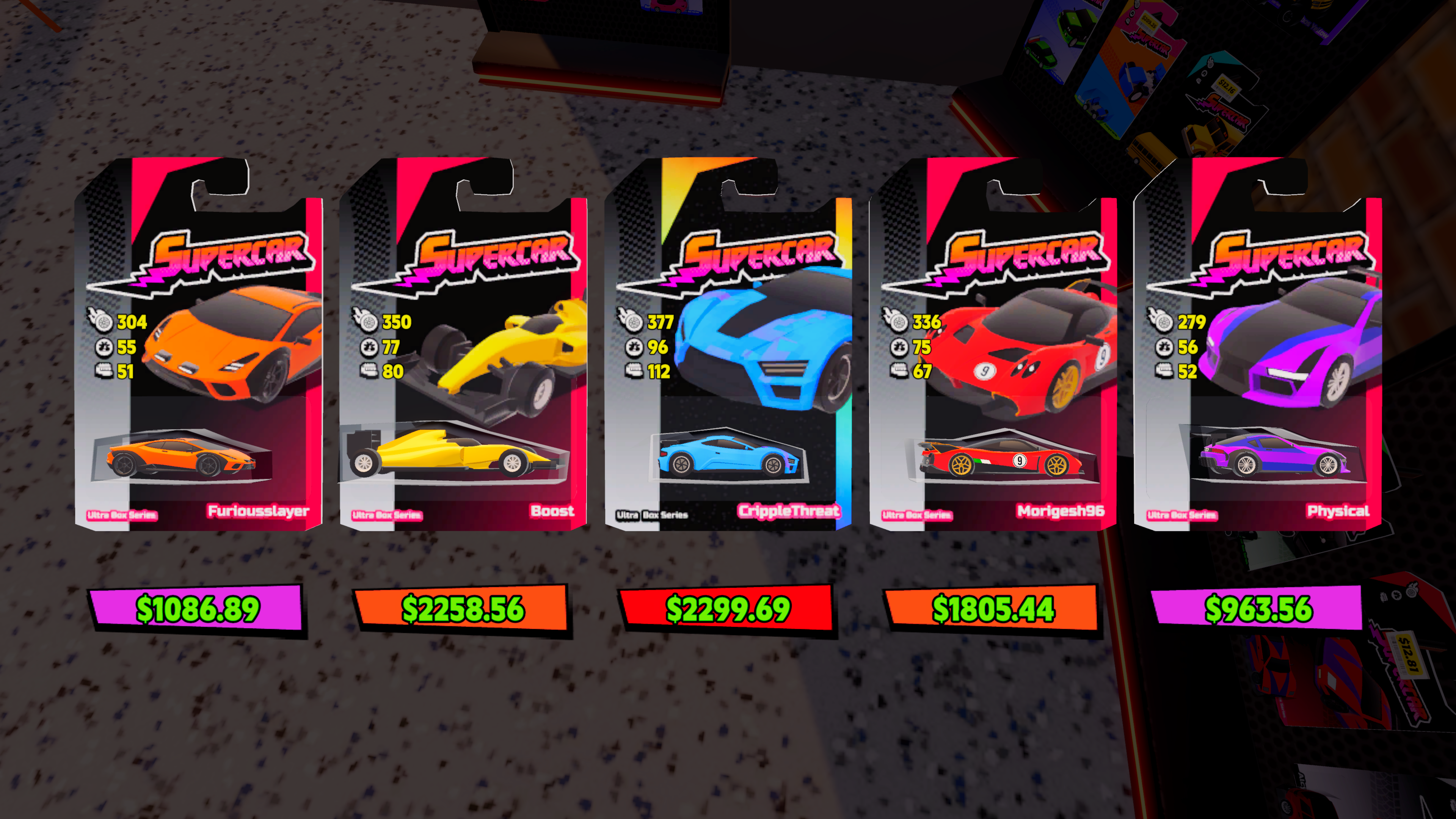 Ausgepackte Modellautos mit Namen und Werten in Supercar Collection Simulator - Bild: Kiki Games