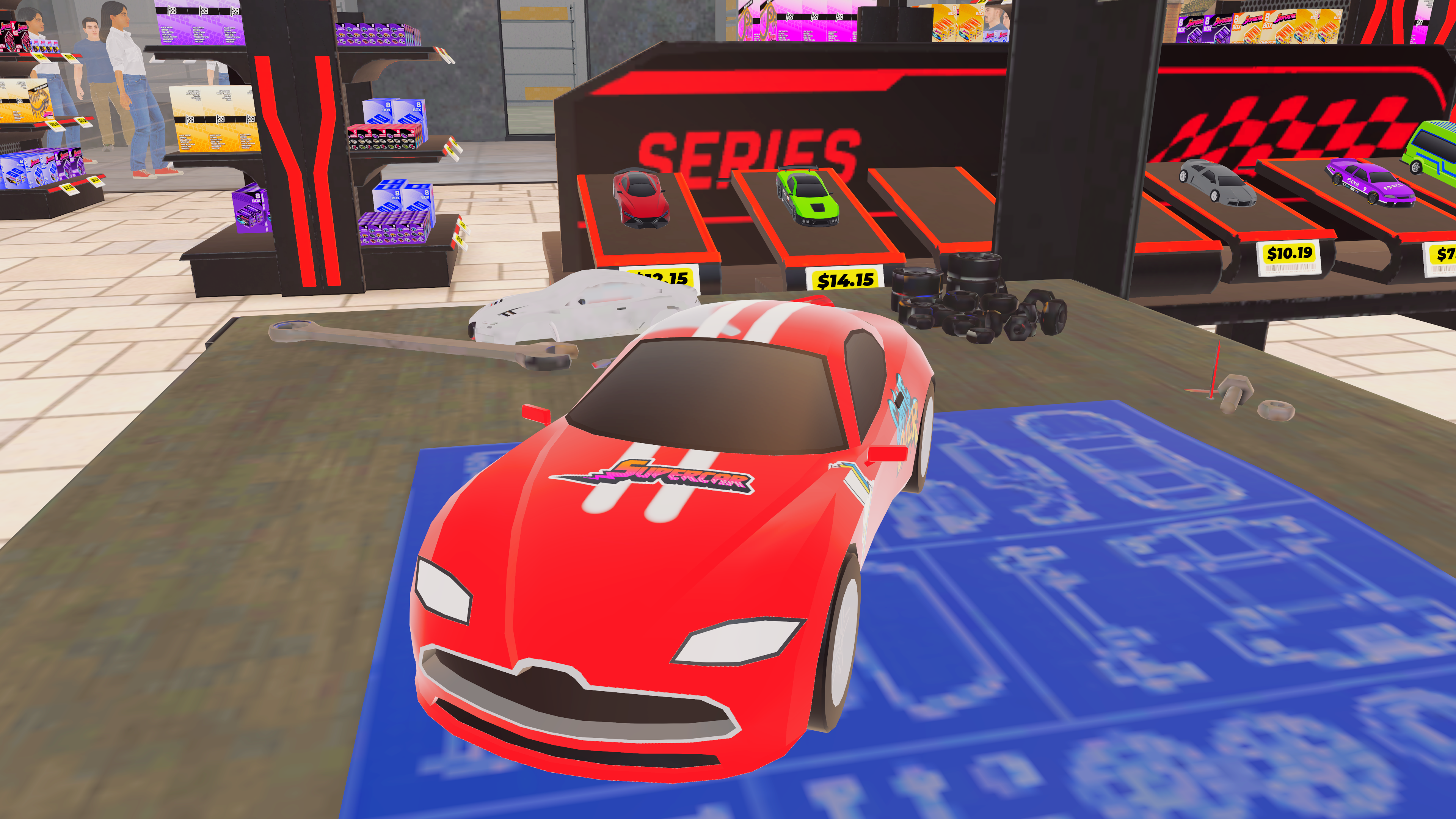 Gestaltetes Modellauto am Arbeitsplatz in Supercar Collection Simulator - Bild: Kiki Games