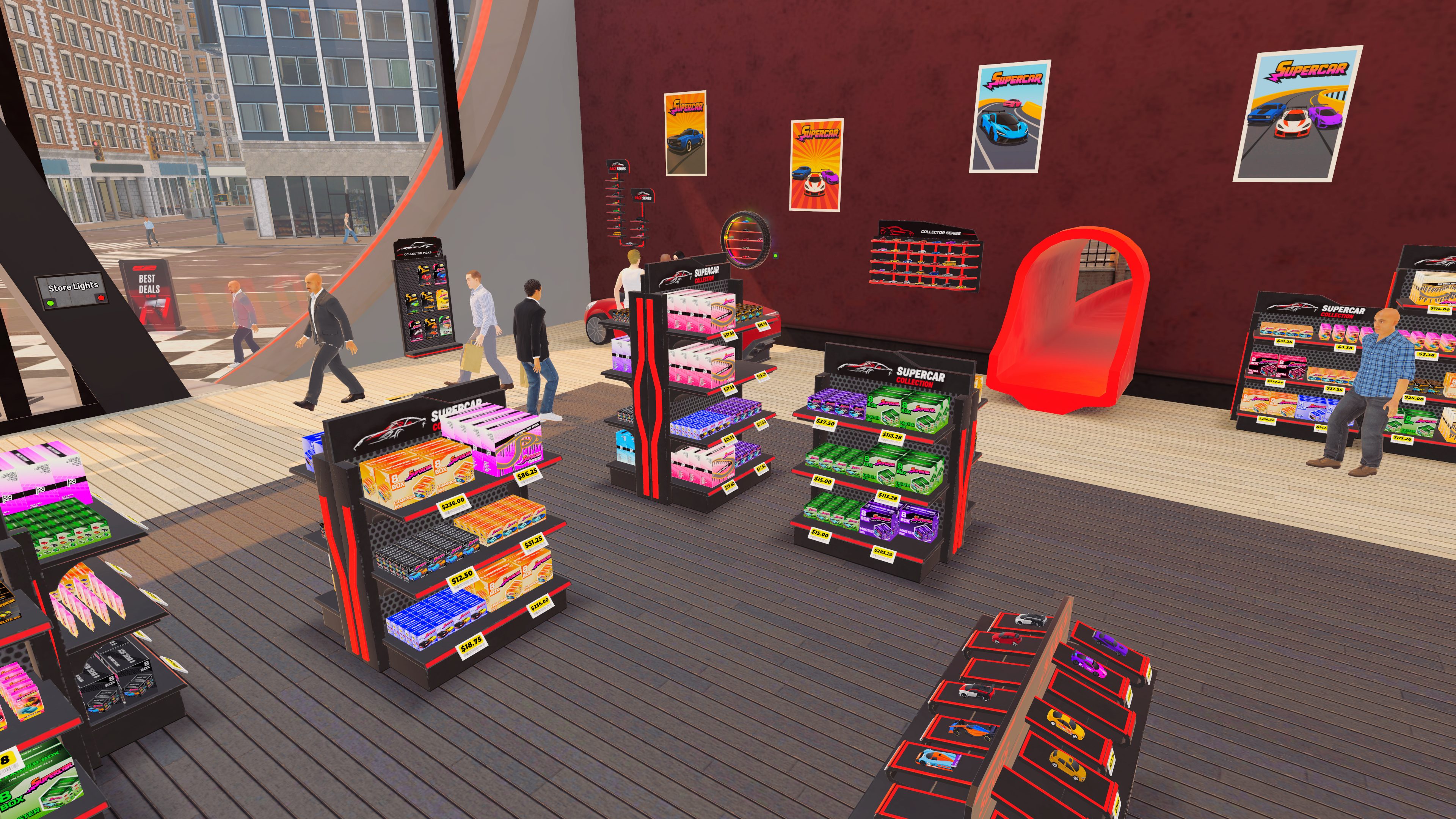 Regale und Kunden im Modellautogeschäft von Supercar Collection Simulator - Bild: Kiki Games