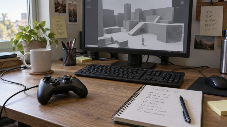 Generiertes Symbolbild eines Spiele-QA-Arbeitsplatzes mit Controller, Testliste und 3D-Blockout, keine Aufnahme von GlobalStep oder Testology - Bild: XboxDev, generiertes Symbolbild