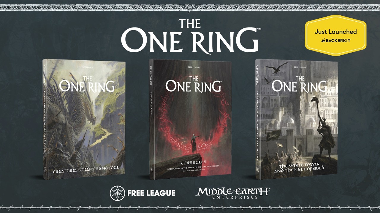 Drei Regelwerke der The-One-Ring-Kampagne auf dem offiziellen Startmotiv - Bild: Free League Publishing