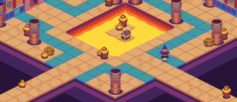 Isometrische Pixel-Art-Beispielszene aus dem Unity-Tilemap-Leitfaden mit Säulen, Kacheln und Spielfigur - Bild: Unity
