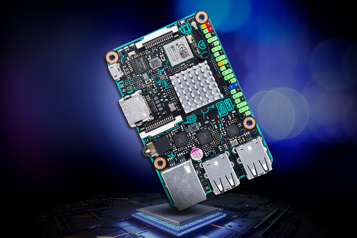 Asus Tinker Board mit Rockchip-Prozessor, Kühlkörper und GPIO-Pinleiste - Bild: ASUS