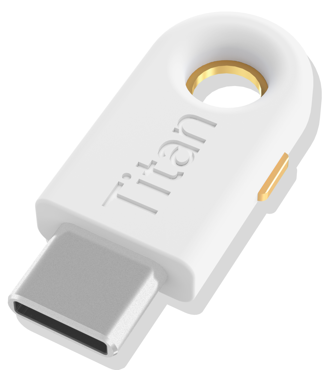USB-C Titan Security Key mit weißem Gehäuse und Schlüsselringöffnung - Bild: Google