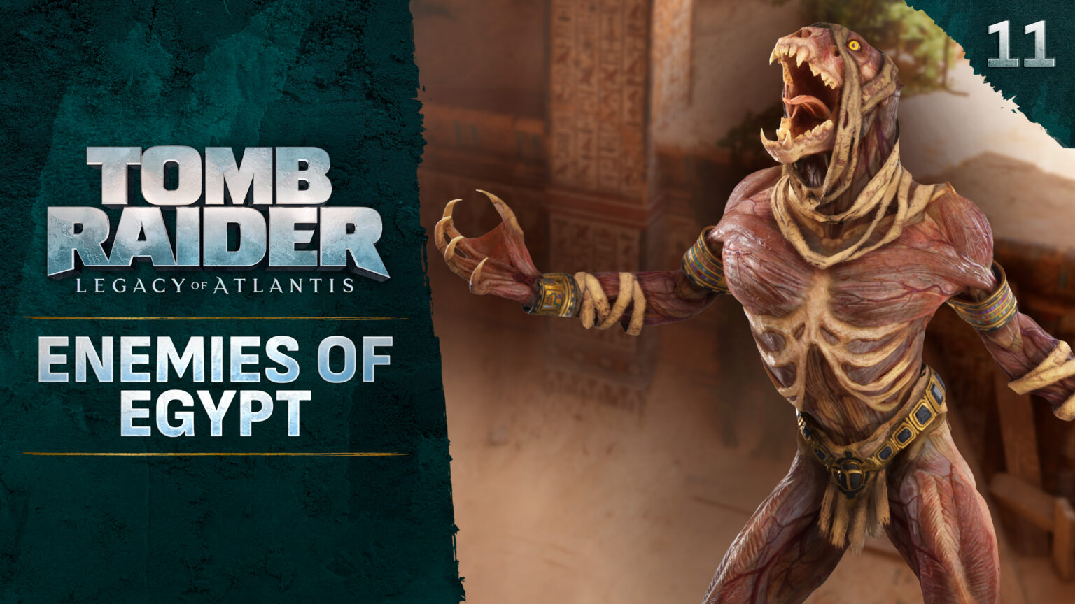 Katzenmumie und Enemies-of-Egypt-Schriftzug zu Tomb Raider: Legacy of Atlantis - Bild: Crystal Dynamics / Amazon Game Studios