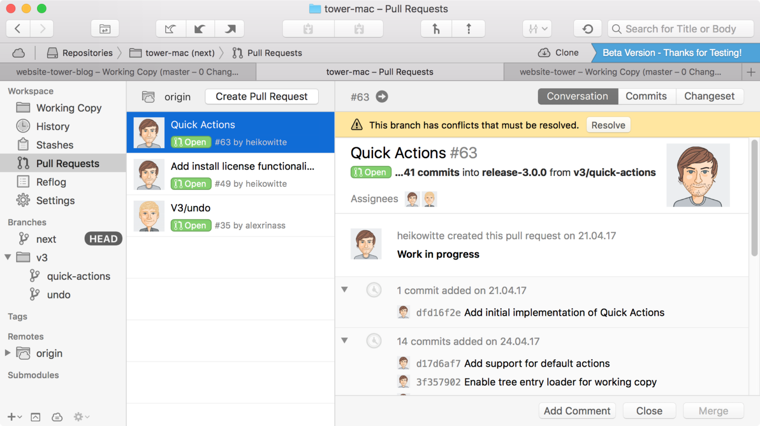 Offizieller Screenshot der Pull-Request-Ansicht in der macOS-Beta von Tower im März 2018 - Bild: Fournova / Tower