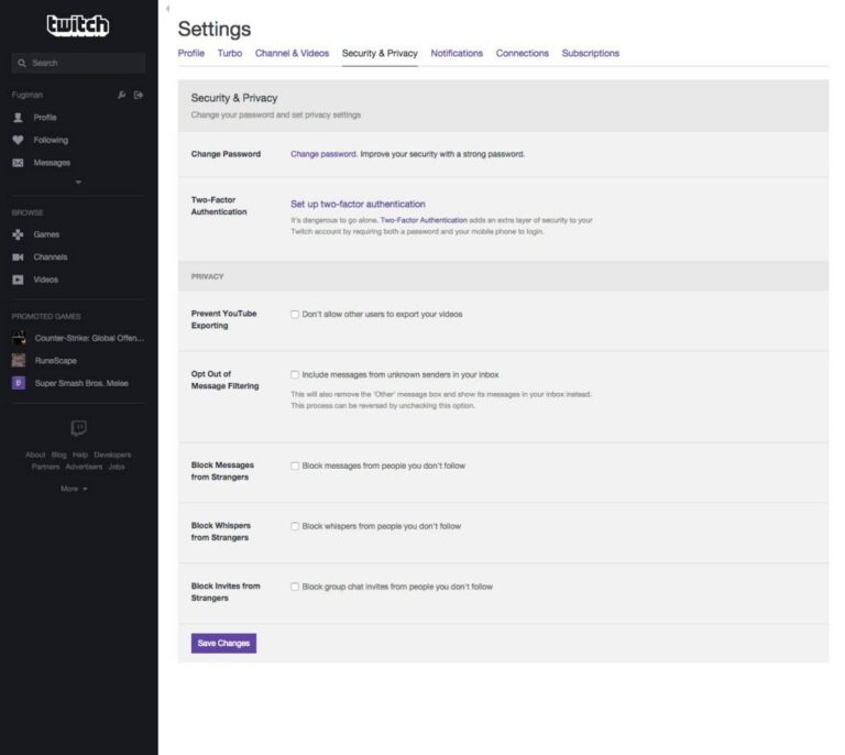 Historische Twitch-Sicherheitseinstellungen zur Einführung von 2FA im November 2015 - Bild: Twitch