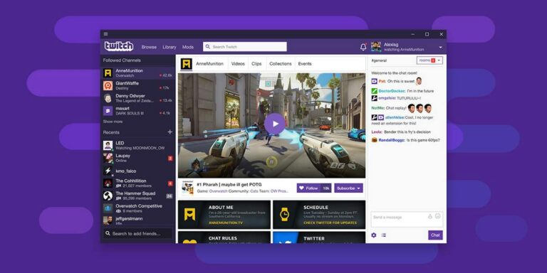 Offizielle Oberfläche der Twitch-Desktop-App von 2017 mit Streamansicht, Chat und Mod-Menü, keine aktuelle Anwendung - Bild: Twitch