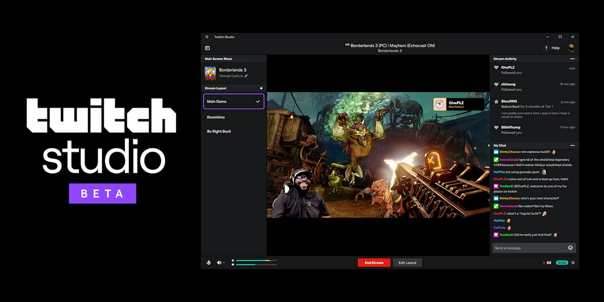 Offizielles Twitch-Studio-Beta-Motiv mit Programmoberfläche, Chat und Spieleübertragung - Bild: Twitch