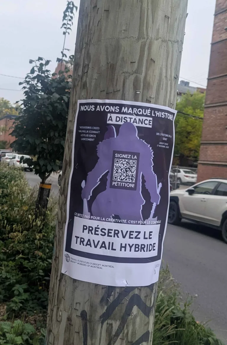 Plakat der Kampagne zum Erhalt hybrider Arbeit bei Ubisoft Montréal - Bild: Ubisoft Workers of Montreal / GWU Montréal