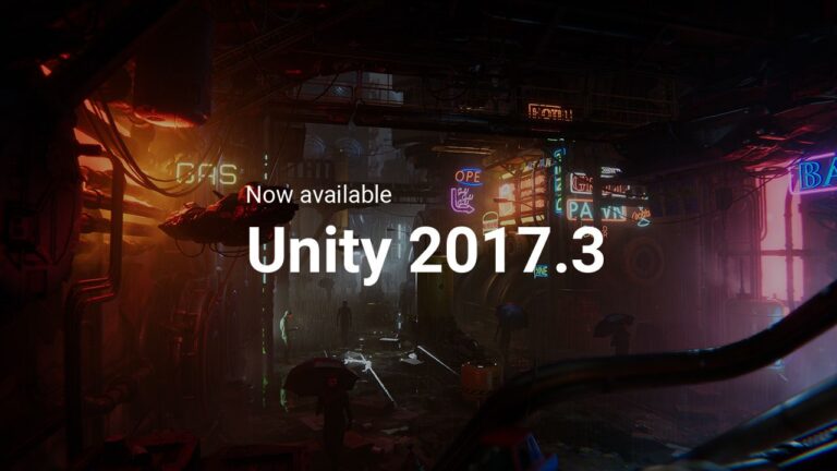 Offizielles Unity-2017.3-Titelmotiv mit Versionsschriftzug vor einer nächtlichen Gasse mit Neonreklame, Veröffentlichung von 2017 - Bild: Unity Technologies