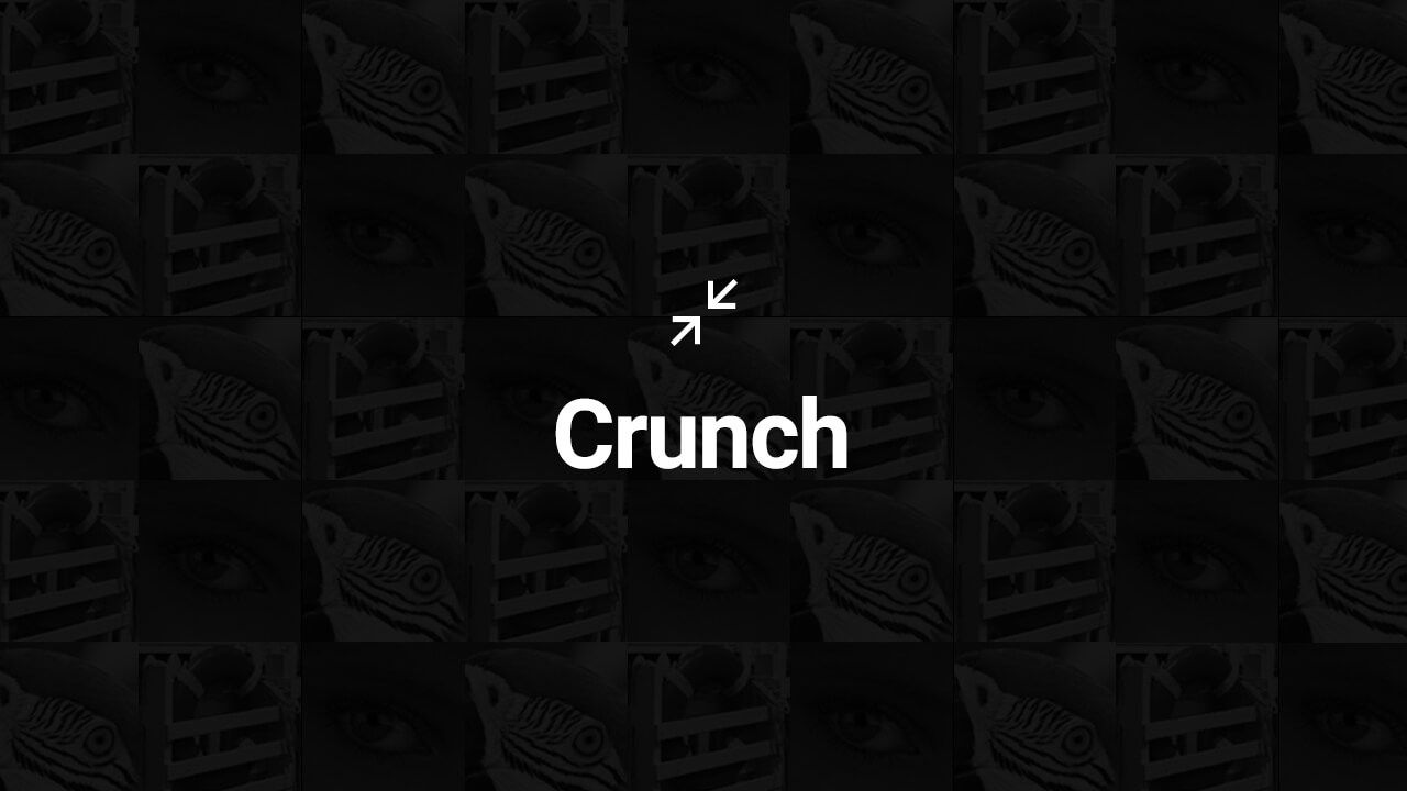 Offizielles Crunch-Titelmotiv mit Schriftzug, Kompressionssymbol und gekachelten Testbildern, kein Diagramm gemessener Kompressionswerte - Bild: Unity Technologies