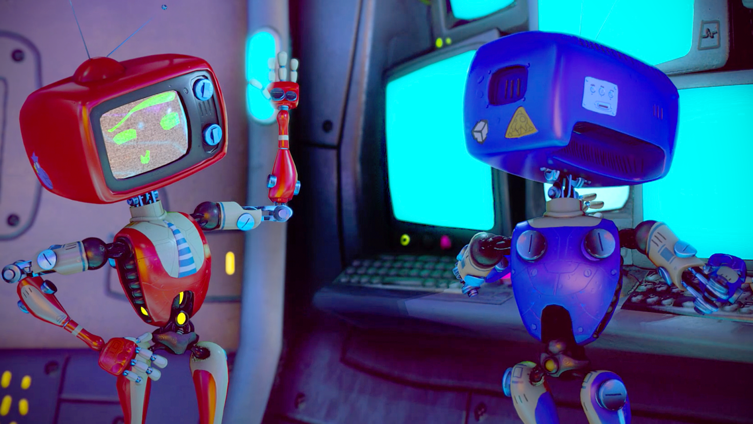 Rote und blaue Roboter in der RoboLab-2.0-Beispielumgebung der Skript-Tutorials - Bild: Unity