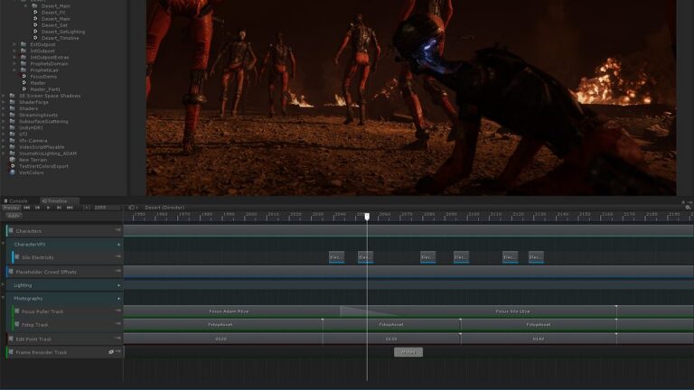 Unity-Editor mit einer inszenierten Szene und mehreren Timeline-Spuren - Bild: Unity