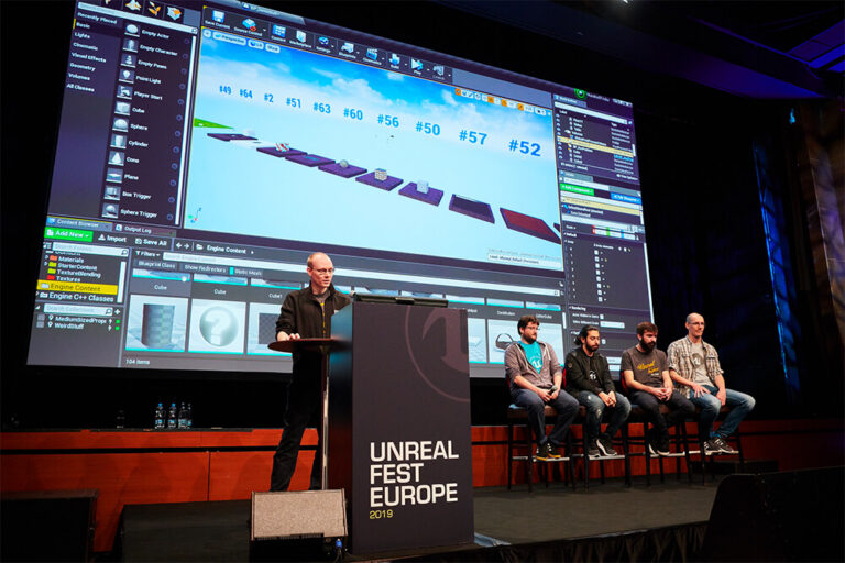 Bühnenvortrag mit Unreal-Editor-Projektion bei der Unreal Fest Europe 2019 - Bild: Epic Games