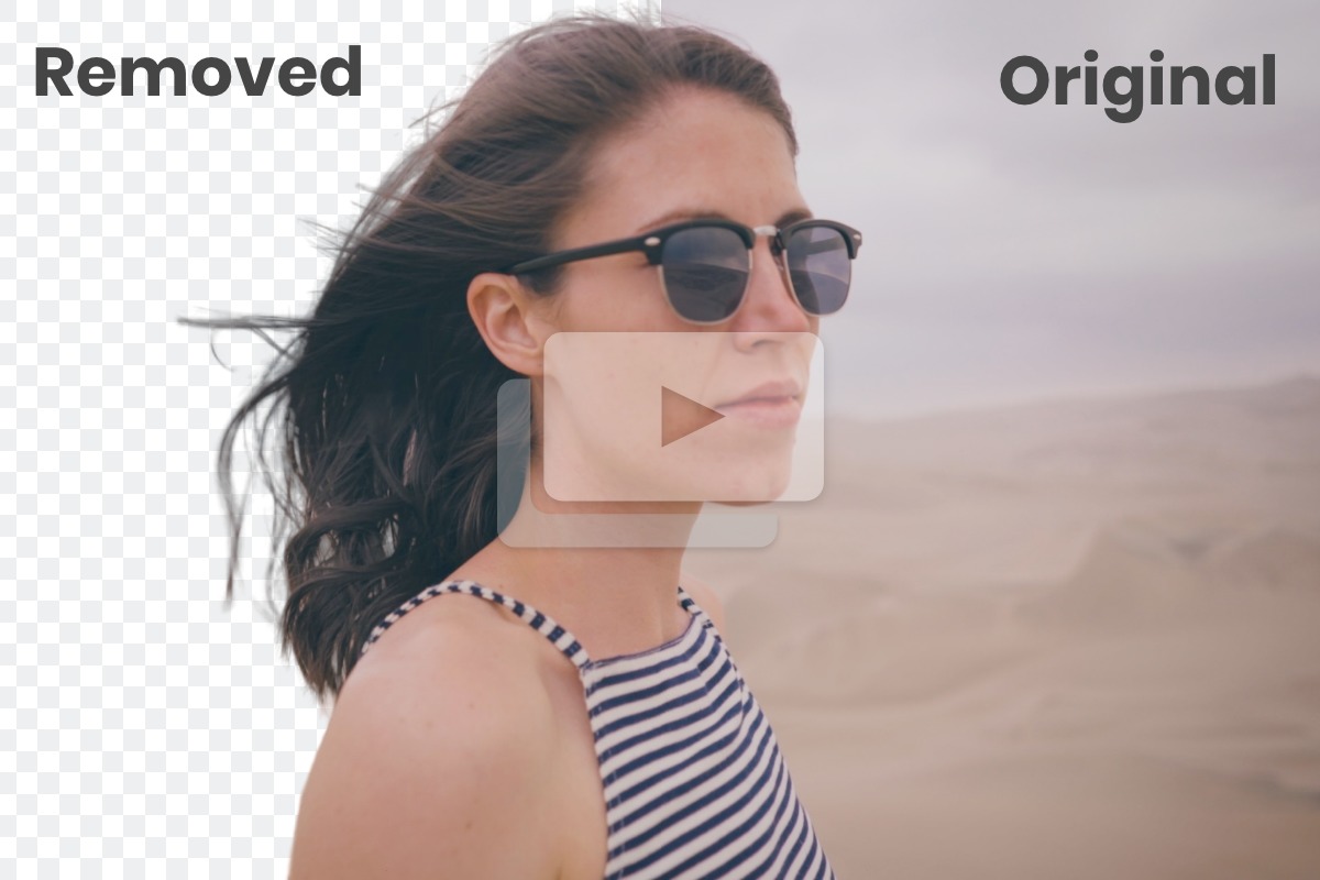 Offizieller Unscreen-Vergleich einer Frau mit Originalhintergrund und freigestellter Bildhälfte - Bild: Kaleido AI / Unscreen