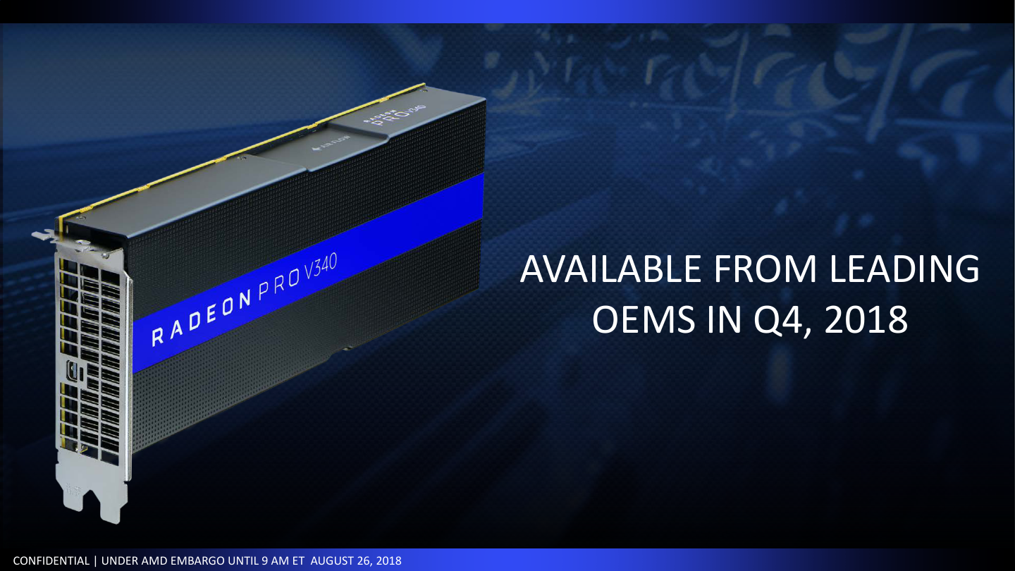 Originale AMD-Präsentationsfolie zur Radeon Pro V340 und dem geplanten OEM-Start im vierten Quartal 2018 - Bild: AMD