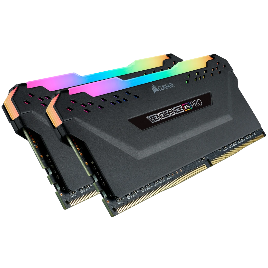 Zwei schwarze Corsair-Vengeance-RGB-Pro-DDR4-Module mit beleuchteten RGB-Leisten - Bild: Corsair