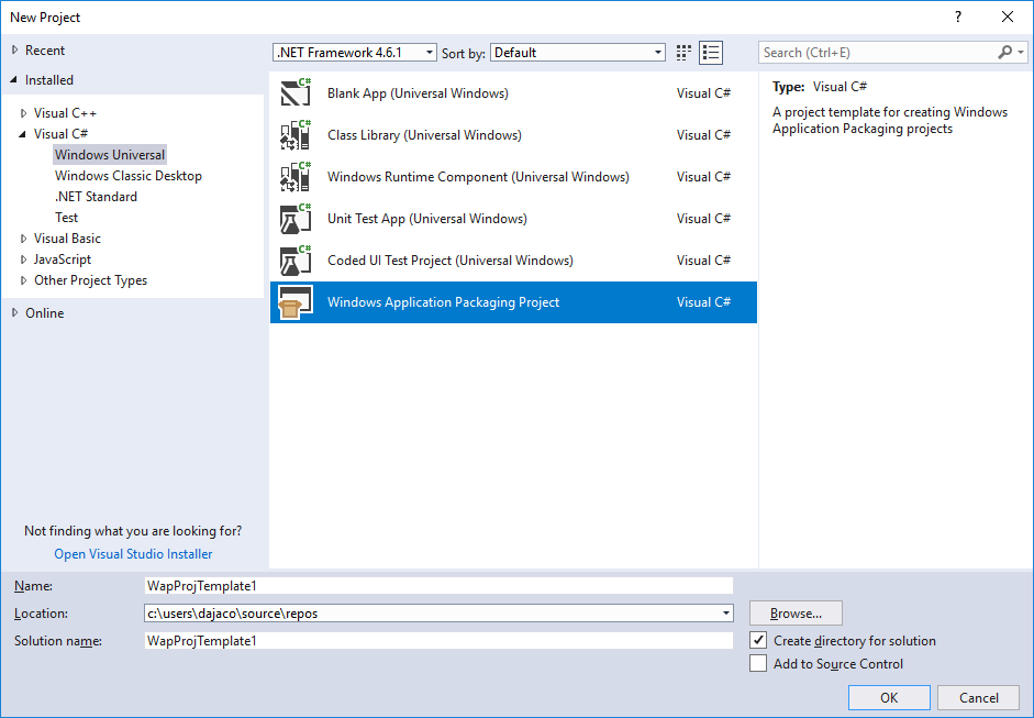 Offizieller Visual-Studio-2017-Screenshot mit der Vorlage Windows Application Packaging Project - Bild: Microsoft