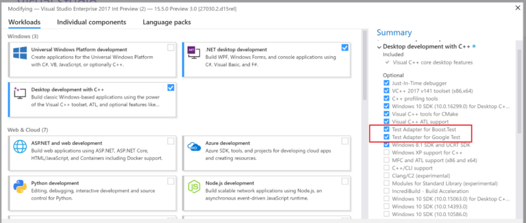 Offizieller Installer-Screenshot einer Visual-Studio-15.5-Preview mit C++-Testadaptern, verwendet im Veröffentlichungsbeitrag vom Dezember 2017 - Bild: Microsoft
