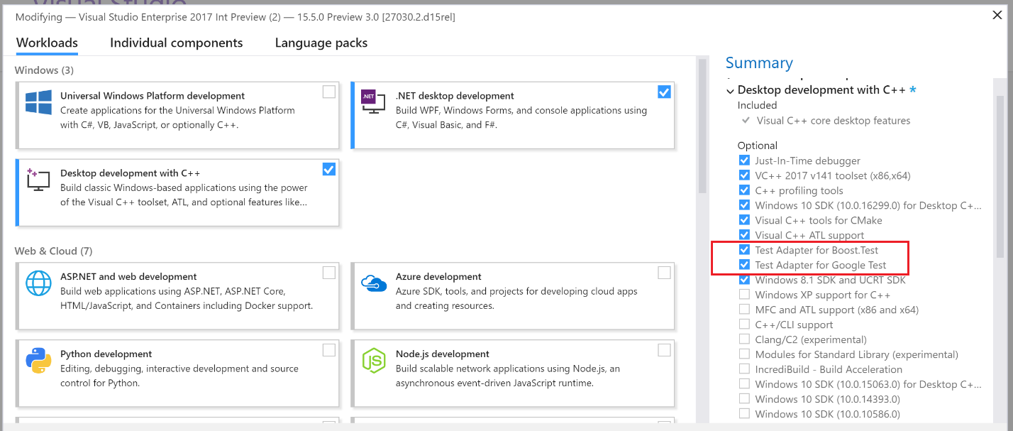 Offizieller Installer-Screenshot einer Visual-Studio-15.5-Preview mit C++-Testadaptern, verwendet im Veröffentlichungsbeitrag vom Dezember 2017 - Bild: Microsoft