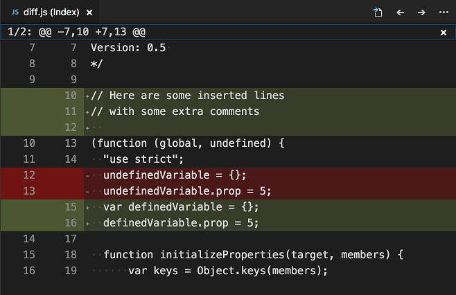 Offizieller Screenshot der Diff-Review-Ansicht in Visual Studio Code 1.14 aus den damaligen Release Notes - Bild: Microsoft