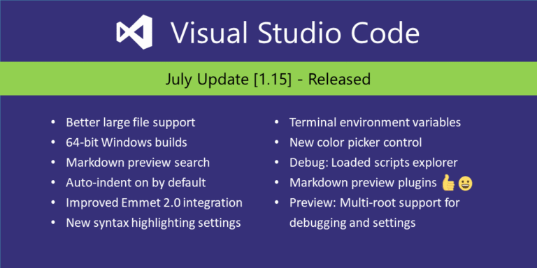 Offizielle Übersicht der Neuerungen von Visual Studio Code 1.15 aus dem Release-Zyklus July 2017, keine aktuelle Versionsübersicht - Bild: Microsoft