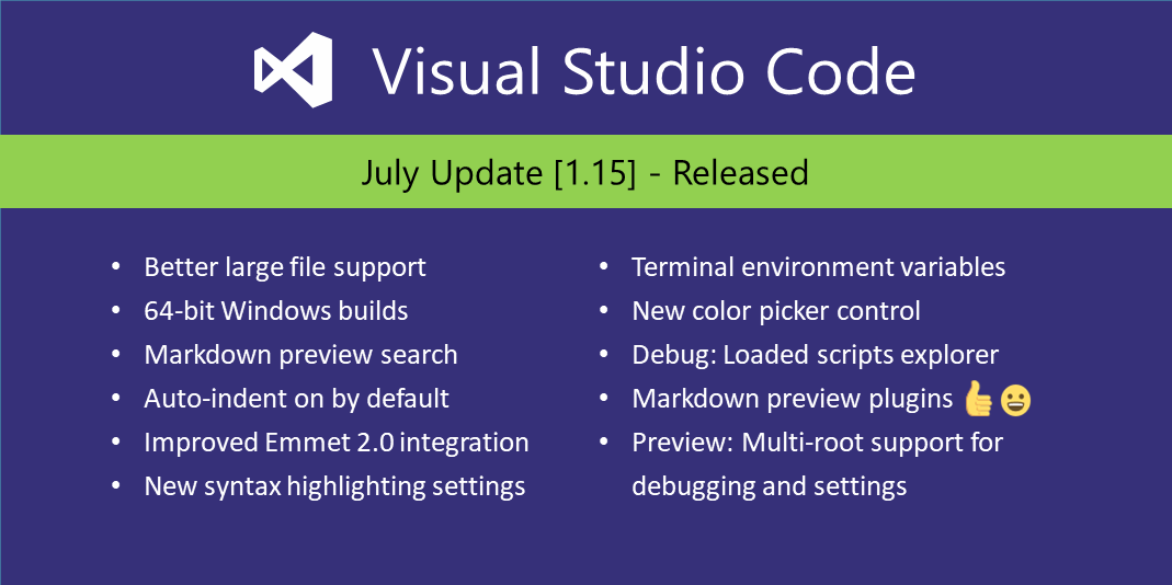 Offizielle Übersicht der Neuerungen von Visual Studio Code 1.15 aus dem Release-Zyklus July 2017, keine aktuelle Versionsübersicht - Bild: Microsoft