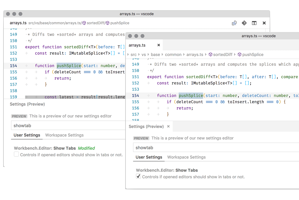 Offizieller Screenshot der Breadcrumb-Navigation in Visual Studio Code 1.26 mit und ohne Editor-Tabs - Bild: Microsoft