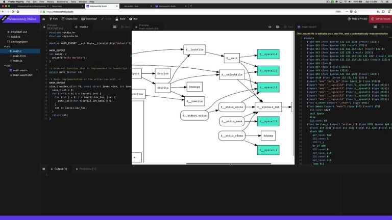WebAssembly Studio mit Quelltext, Funktionsgraph und WebAssembly-Textdarstellung im offiziellen Vorstellungsvideo - Bild: Mozilla Hacks