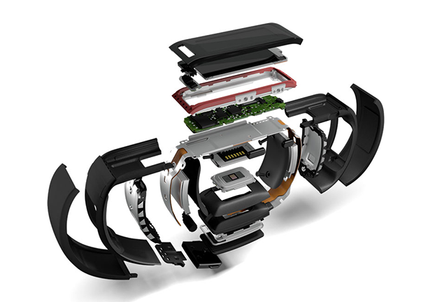 Offizielle Explosionsdarstellung des Microsoft Band als Beispiel für Wearable-Hardware von 2015 - Bild: Microsoft