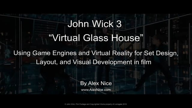 Titelbild der von Alex Nice veröffentlichten Videoübersicht zum virtuellen Glass-House-Set von John Wick 3 - Bild: Alex Nice / Lionsgate