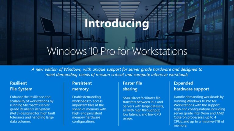 Offizielle Übersicht zu Windows 10 Pro for Workstations mit vier angekündigten Funktionsbereichen aus dem Jahr 2017 - Bild: Microsoft