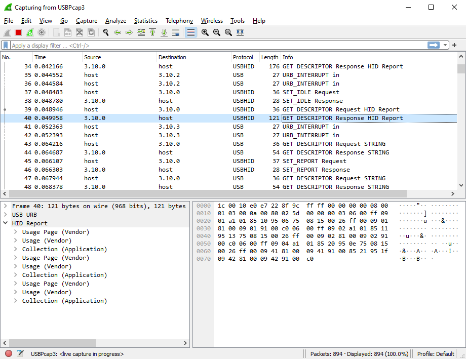 Projektabbildung einer USB-HID-Aufzeichnung mit USBPcap in Wireshark - Bild: USBPcap-Projekt / Tomasz Moń