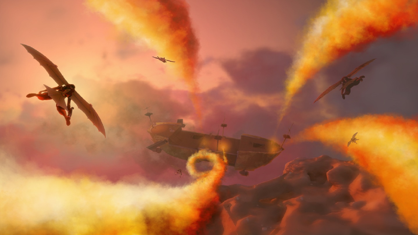 Offizielles Worlds-Adrift-Motiv mit Luftschiff und fliegenden Figuren - Bild: Bossa Studios