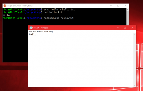 Offizieller Microsoft-Screenshot zur Ausführung eines Windows-Programms aus Bash im Creators Update von 2017 - Bild: Microsoft