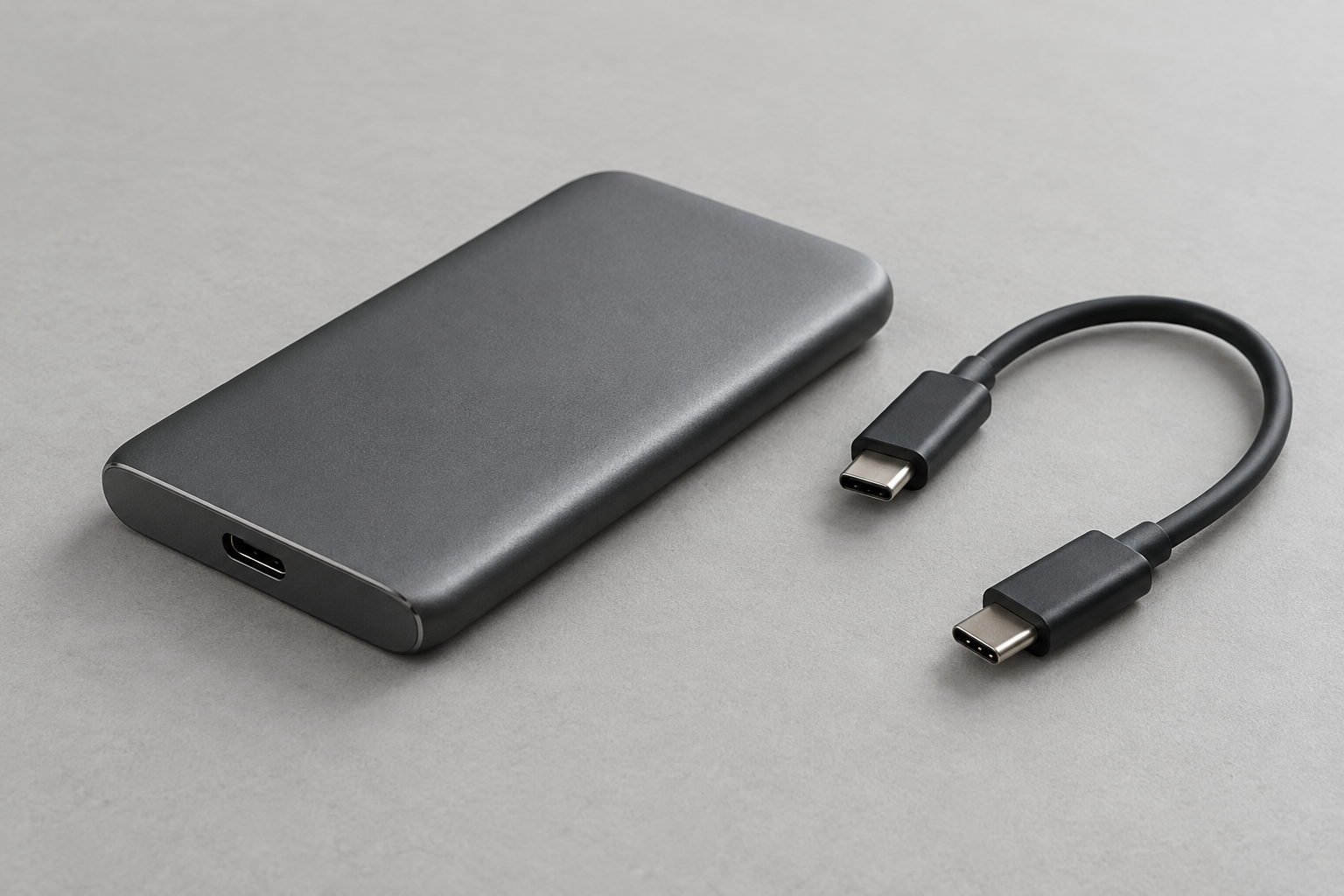 Symbolbild eines externen SSD-Laufwerks mit USB-C-Kabel, keine Produktaufnahme der Crucial X8 - Bild: XboxDev, generiert