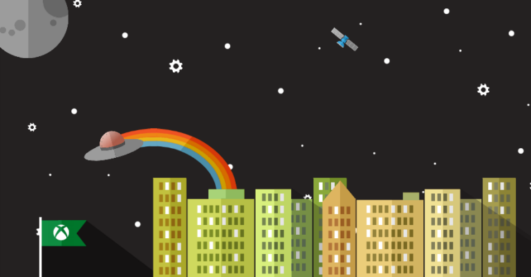Offizielle Xbox-Insider-Illustration mit Stadt, Xbox-Flagge und Raumfahrzeugen - Bild: Xbox Wire / Microsoft