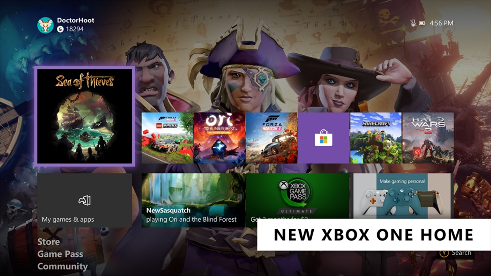 Xbox-One-Startseite im Februar 2020 mit Spielekacheln vor einem Sea-of-Thieves-Hintergrund - Bild: Xbox Wire / Microsoft