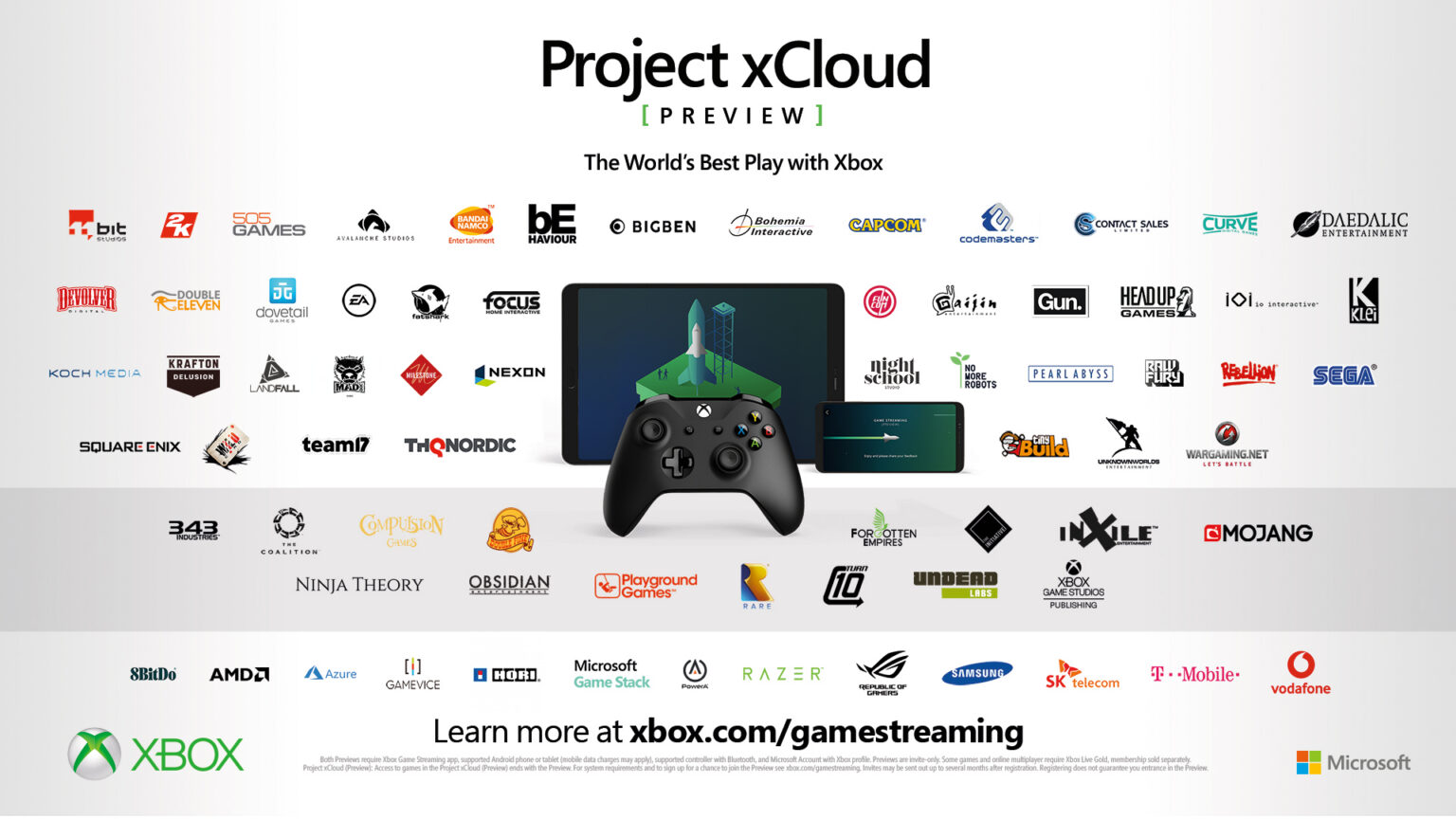 Offizielles Project-xCloud-Preview-Motiv mit Partnerlogos, Tablet, Smartphone und Xbox-Controller vom November 2019 - Bild: Microsoft / Xbox Wire