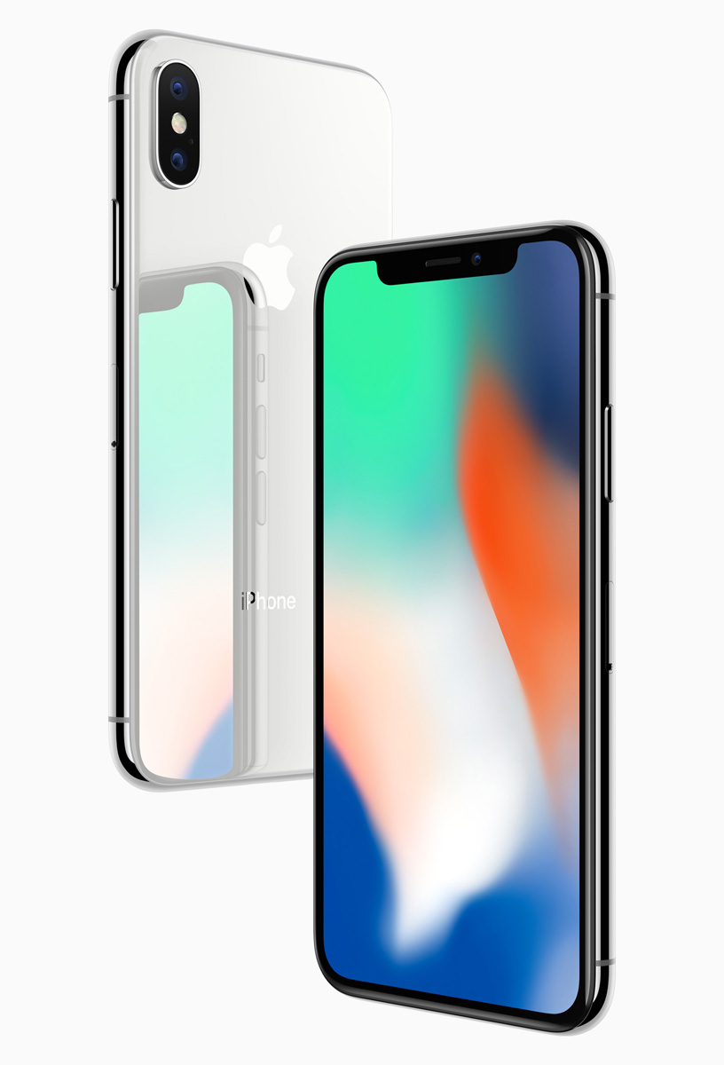 Offizielle Vorder- und Rückansicht des iPhone X aus Apples Pressemitteilung von September 2017, kein Simulator-Screenshot - Bild: Apple