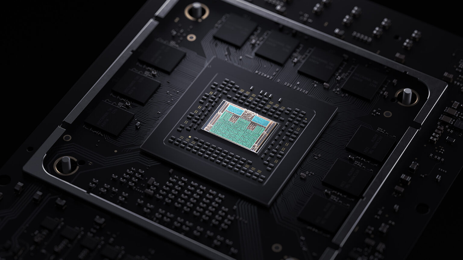 Prozessor und Speicherbausteine der Xbox Series X auf einer Platine, offizielle Darstellung - Bild: Xbox Wire / Microsoft